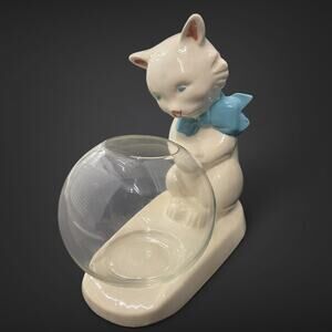 Vintage Ceramic Cat w/ Glass Fishbowl – Bow Tie Kitten Planter or Candy Dish